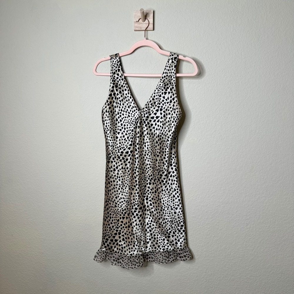 Y2K Inner Most Leopard Print Satin V-Neck Mini Slip Dress with Ruffle Hem XS